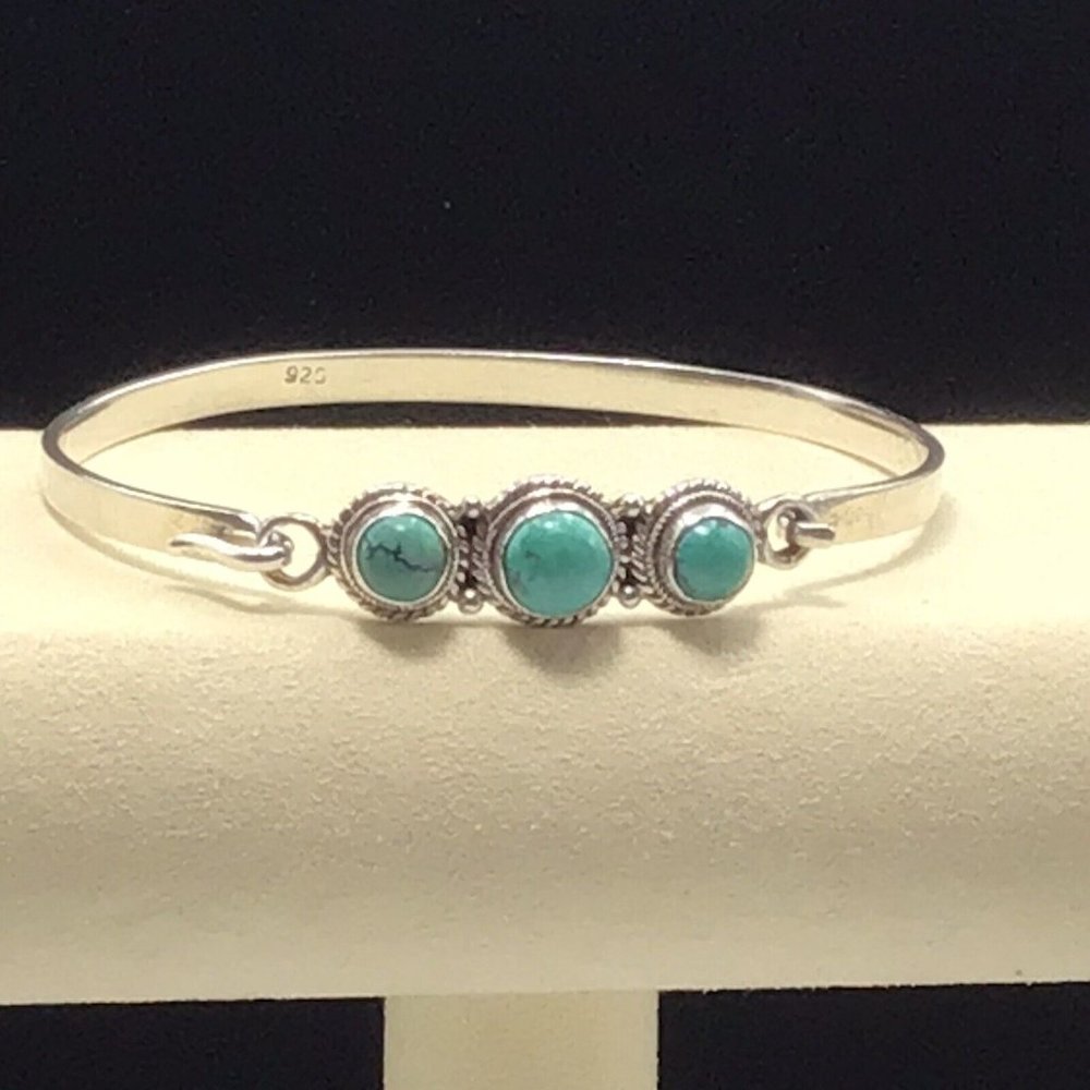 Steling Silver Turquoise Bangle Bracelet Hook Closure 12.8g Size 7 - Picture 3 of 12